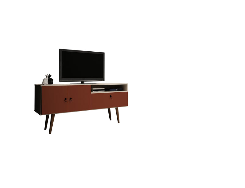 Meuble pour téléviseur Tribeca de Manhattan Comfort de 53,94 po de style moderne du milieu du 20e siècle avec pattes en bois massif - blanc cassé et rose orangé Terra