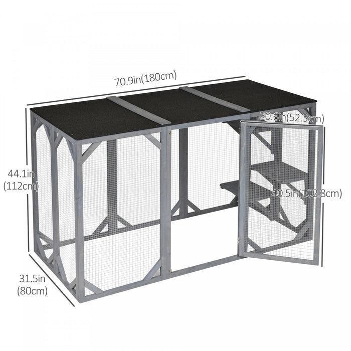 Pawhut 71\" X 31.5\" X 44\" Cage Pour Chats Interieur Exterieur Maison En Bois Pour Petits Animaux Clapier Pour Lapin, Chien, Chaton, Cage-canon Avec Toit Impermeable, Plates-formes A Plusieurs Niveaux