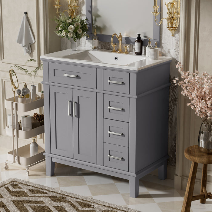 Savannah Meuble de salle de bain 30 pouces avec vasque en ceramique et armoire de rangement spacieux, Gris