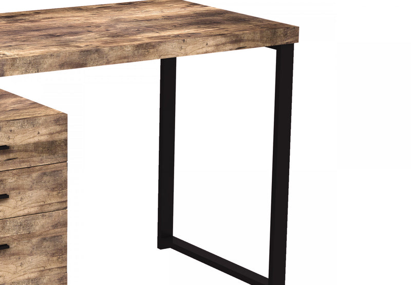 Bureau D’etude 47,25 Po Pour Bureau A Domicile Ou Salle De Jeux – Bois Recycle Brun Avec 3 Tiroirs Et Base En Metal Argente