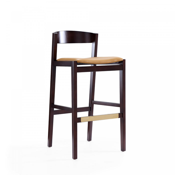 Tabouret de bar en bois rembourre style Klismos mi-siecle moderne, coloris camel - Lot de 3