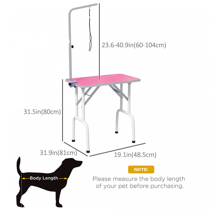 Pawhut Table De Toilettage Pour Petits Chiens, Table De Toilettage Pliable Pour Chiens Et Chats Avec Bras Reglable, Surface Antiderapante, Rose