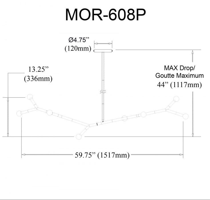 Luminaire suspendu horizontal Morgan de Dainolite avec fini laiton vieilli et 8 ampoules