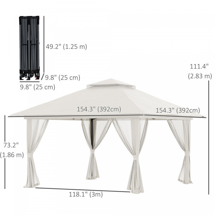 Outsunny 13' X 13' Pop Up Canopy Avec Parois Laterales En Maille, Abri De Tente A Canopy Facile Avec Toit A 2 Niveaux, Sac De Transport A Roues, Sac D’eau/sable Pour Le Jardin, Patio, Pelouse, Creme