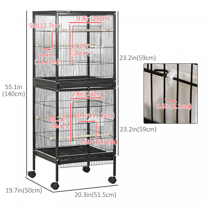 Pawhut 55.1\" 2 En 1 Cage A Oiseaux Voliere Perruche Maison Pour Pinsons, Perruches Avec Roues, Plateaux Coulissants, Perchoir En Bois, Recipients Alimentaires, Noir