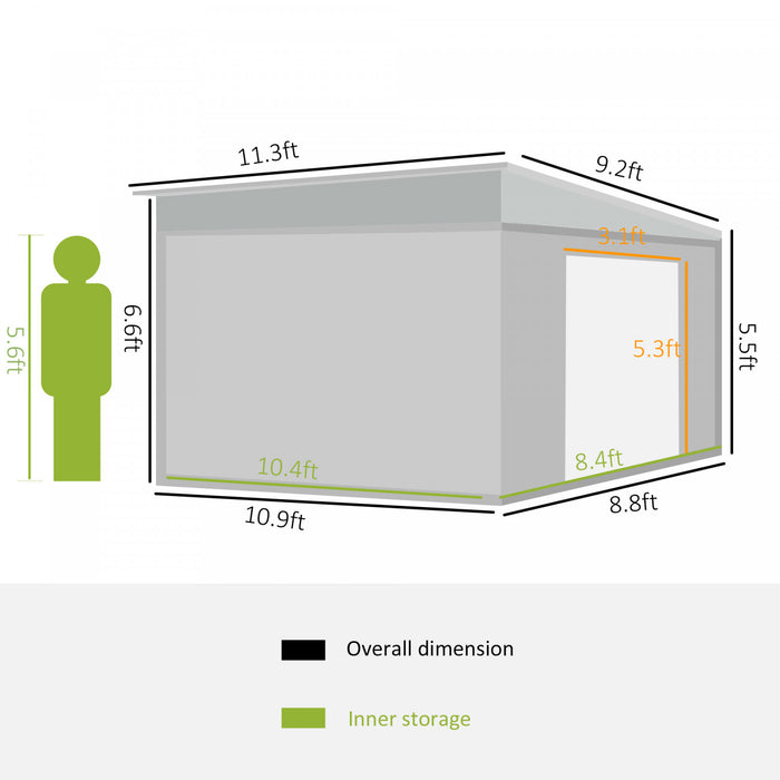 Outsunny - Abri De Jardin En Acier De 11,3 X 9,2 Pieds - Maison D'outils En Metal Pour L'exterieur, Avec Portes Coulissantes Doubles Et 2 Ventilateurs, Gris.