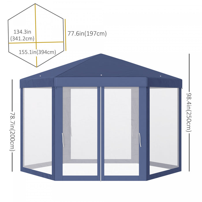 Tonnelle Barnum Tente De Reception Hexagonale 10 MĠ Style Cosy Metal Polyester Impermeabilise Bleu Blanc