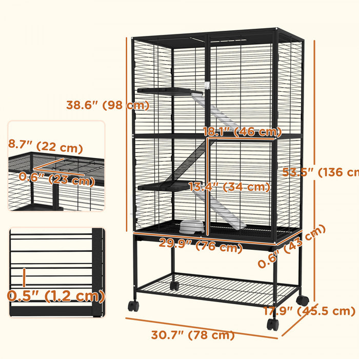 PawHut Cage a 4 Niveaux pour Furet et Chinchilla avec Roulettes, Clapier pour Rat ou Chaton avec Etagere de Rangement, Plateau Amovible, Rampe, 31\" L x 18\" l x 54\" H, Noir