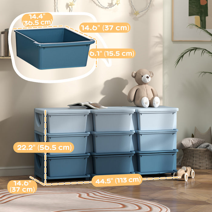 Qaba Organiseur De Jouets A 3 Niveaux Avec 9 Bacs De Rangement, Bleu