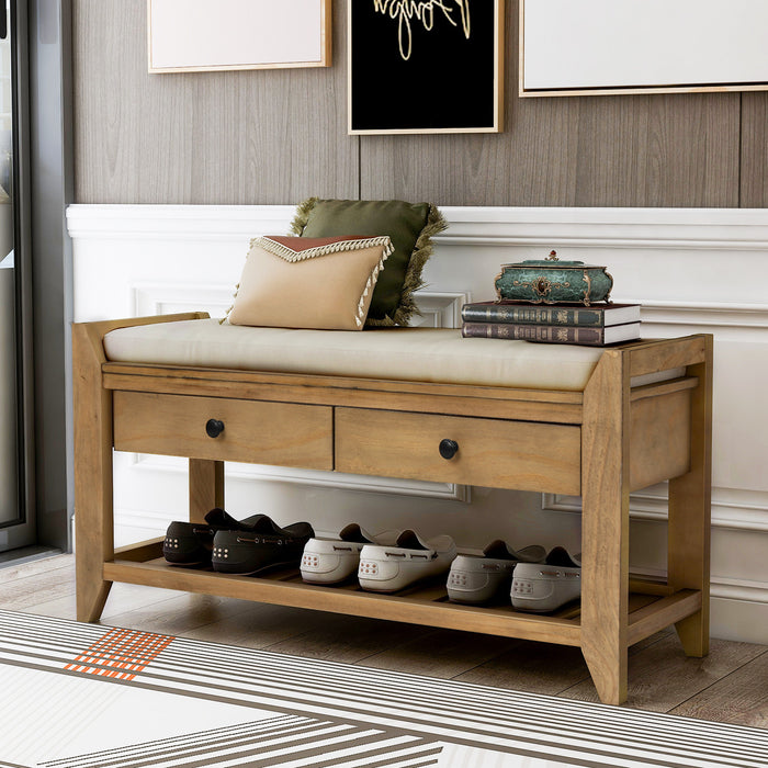 Banc A Chaussures Stephanie En Pin Avec Siege Rembourre Et Tiroirs De Rangement, Pin Ancien