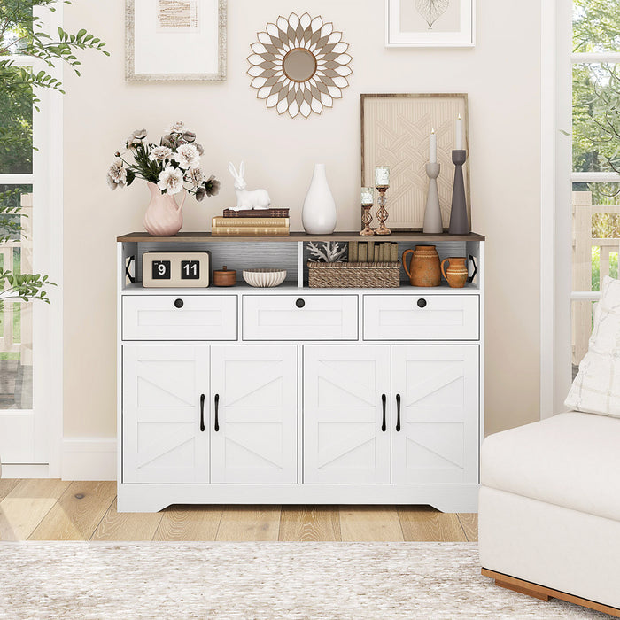 HOMCOM Buffet avec 4 portes de grange et 3 tiroirs, blanc