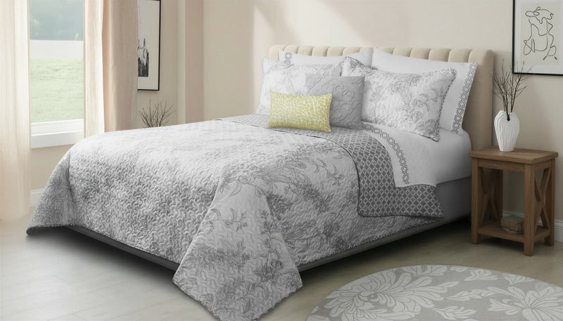 Ensemble Courtepointe Reversible 3 Pieces Tres Grand Lit (King) - Imprime Floral Botanique Gris et Blanc 