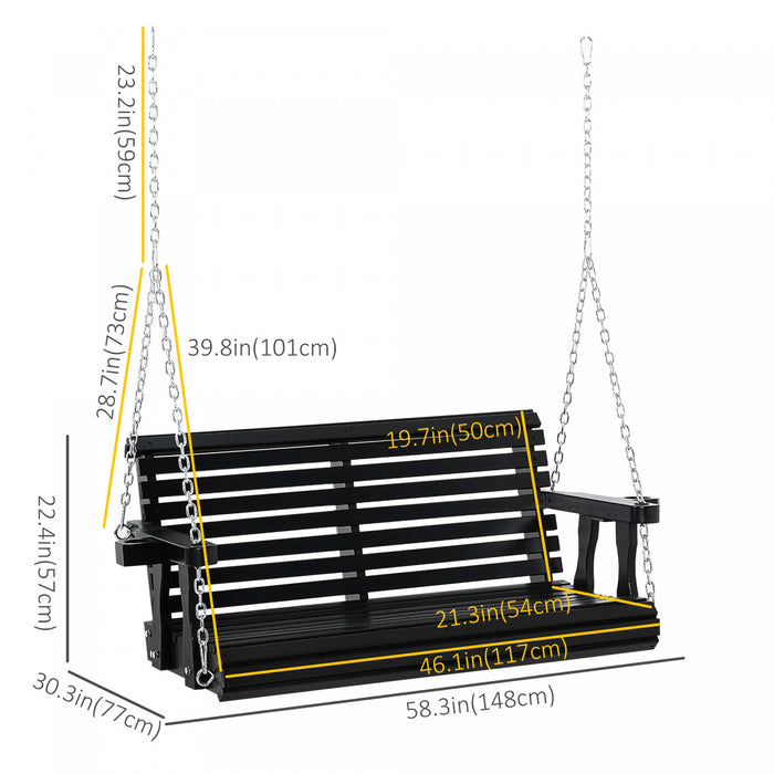 Outsunny 46\" Porch Swing Bench Pour 2 Personnes Avec 2 Porte-gobelets Integres, Design A Lattes, Chaines Incluses, Capacite De Charge De 550lb, Noir.