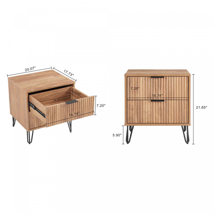 Table de nuit moderne Dumbo 20\" a cannelures en brun dore (2 tiroirs)