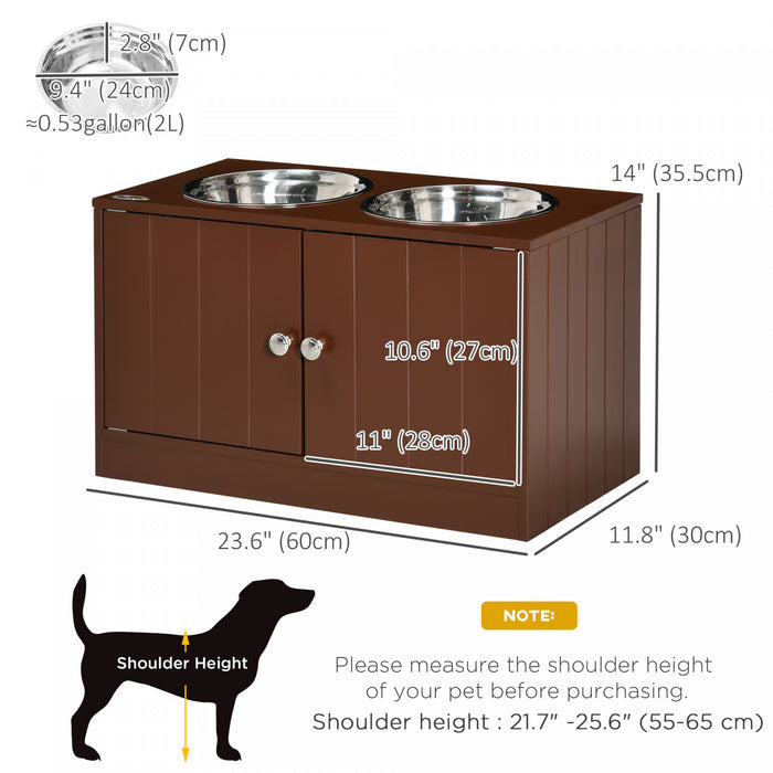 Pawhut Bol De Chien Sureleve Pour Gros Chien Station D'alimentation Pour Animaux De Compagnie Avec Support, Rangement, 2 Bols D'aliments Et D'eau En Acier Inoxydable, Marron, 23.5\" X 12\" X 14\"