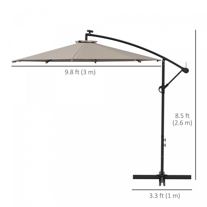 Outsunny 10ft Parapluie Cantilever D'exterieur Avec Eclairage Solaire Kaki