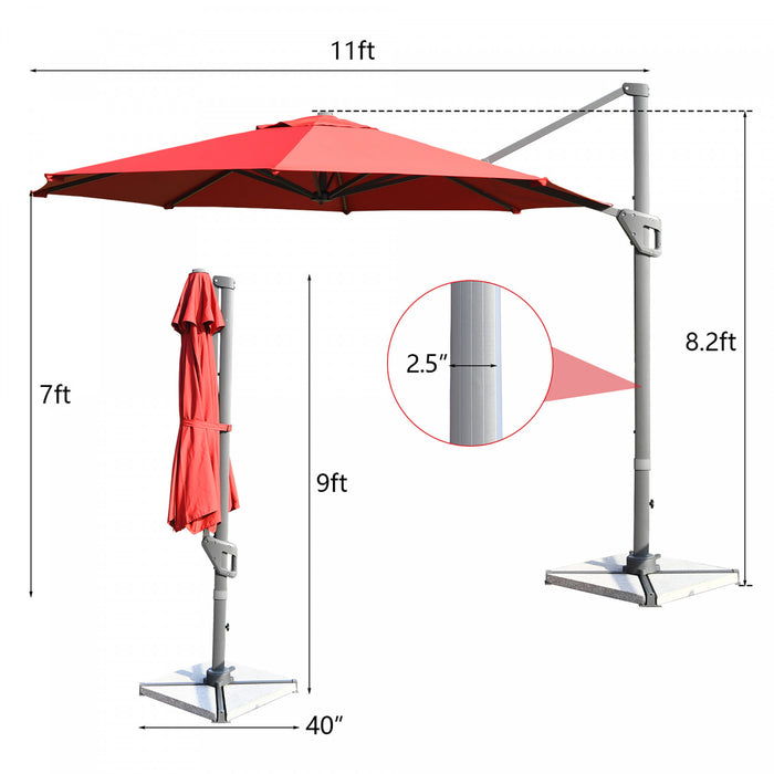 Costway Parasol deporte 11ft pour terrasse a rotation cantilever, aluminium, inclinable, base croisee, vin