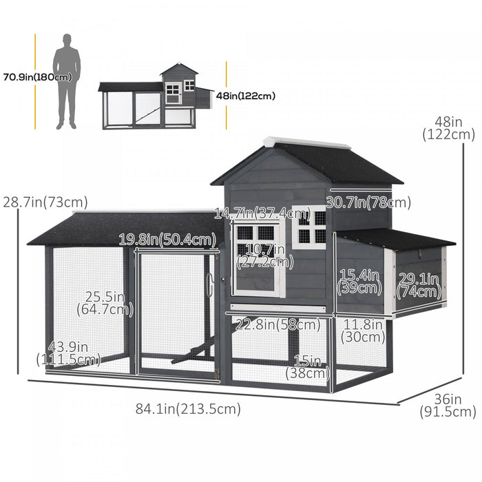 Pawhut 84\" Poulailler En Bois Poulailler Lapin Clapier Cage A Volaille Stylo Jardin Exterieur Avec Nichoir Et Enclos Gris