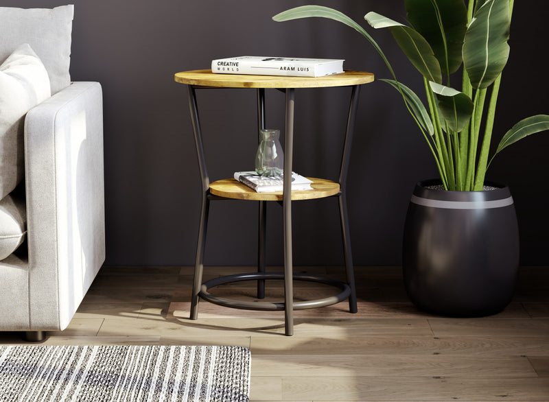 Table de bout avec 1 tablette - dessus en bois recyclé brun avec métal noir