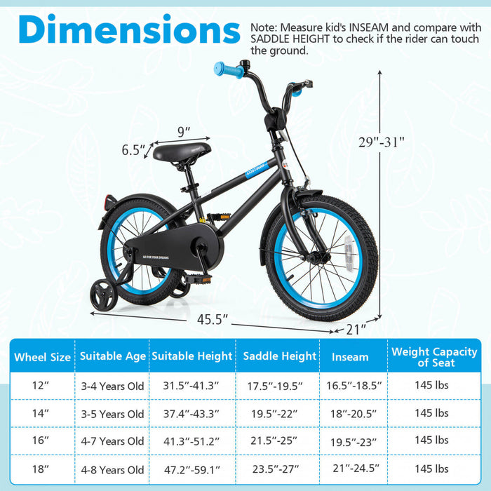 Costway 16\" Velo Pour Enfants Avec Guidon Reglable De Selle Roues D'entrainement Amovibles Frein A Main Noir