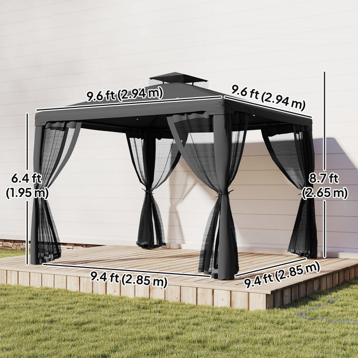 Gazebo d'exterieur 9,6' x 9,6' Tente a auvent avec filet, gris fonce