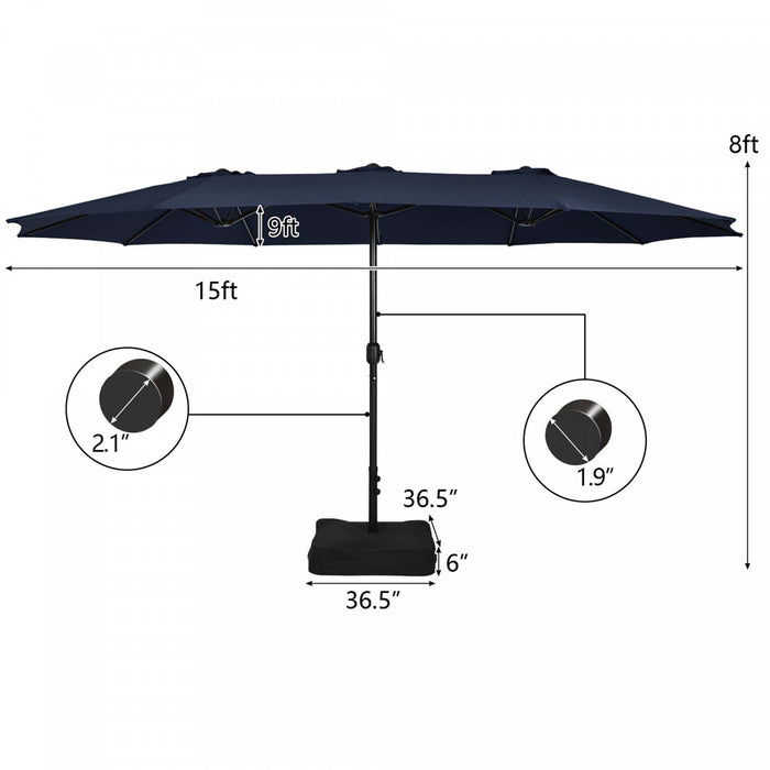 Parasol double face Costway de 15 pieds avec commande par manivelle, base de marche, couleur marine