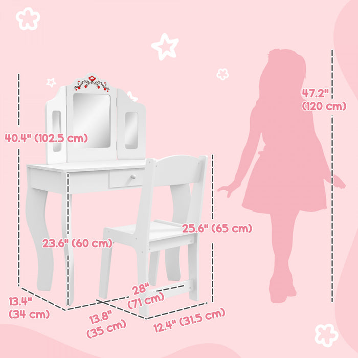 Qaba Ensemble De Coiffeuse Pour Enfants 2 Pieces, Coiffeuse Avec Miroir Pliable En Trois Amovible, Tables De Maquillage Avec Tabourets Et Tiroirs, Pour Enfants De 3 A 8 Ans, Blanc