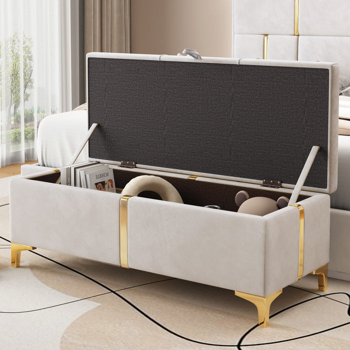 Banc Coffre De Rangement Tony En Velours Doux Avec Pieds Metalliques, Beige