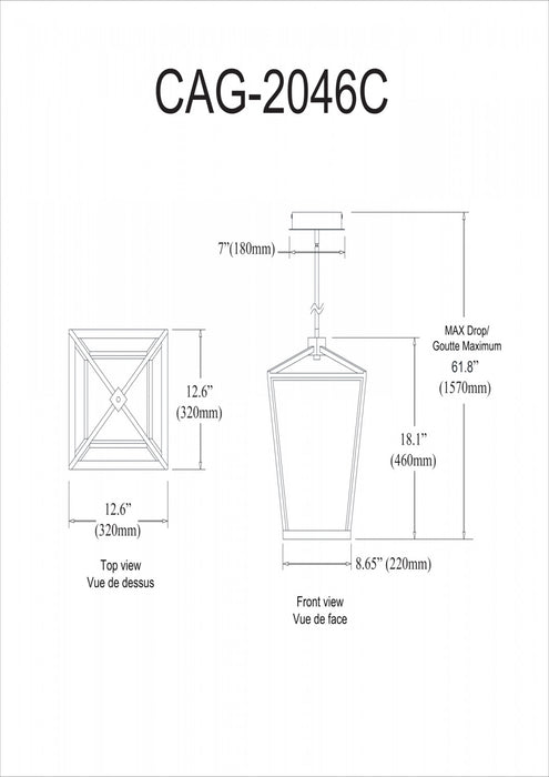 Luminaire suspendu Cage de Dainolite blanc qui diffuse la lumière, avec fini laiton vieilli et ampoule à DEL de 46 W