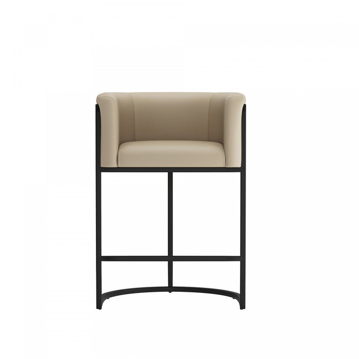 Tabouret de comptoir cosmopolite mi-siecle moderne en metal et tissu, coloris grege