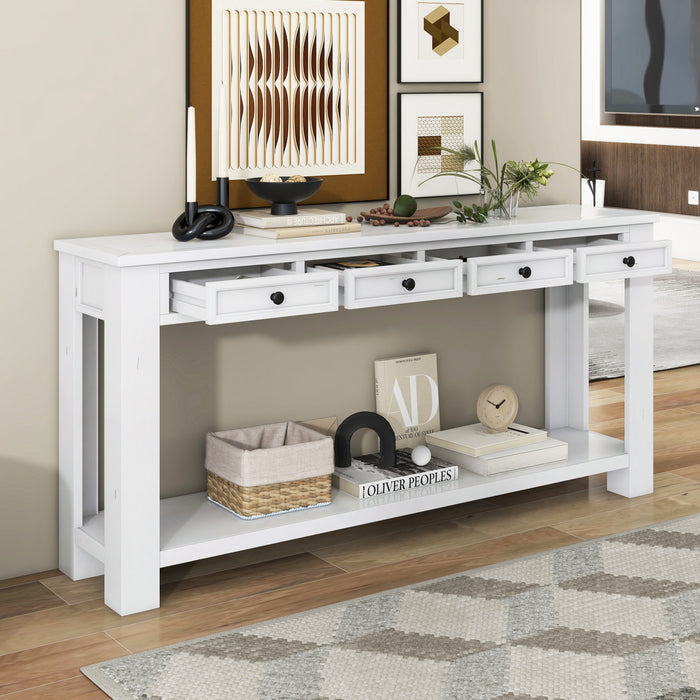 Table Console Gracie En Bois Massif Avec Tiroirs Et Etagere - Blanc Antique