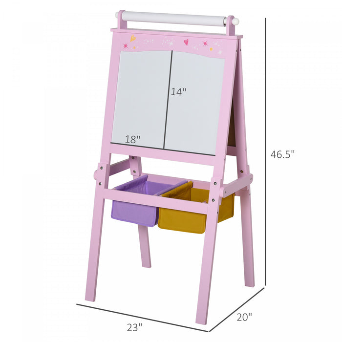 Qaba Chevalet D'art En Bois 3 En 1 Pour Enfants Avec Rouleau De Papier Tableau Noir Double Face Et Tableau Blanc Avec Paniers De Rangement Cadeau Pour Toute-petite Fille De 3 Ans Et Plus Rose