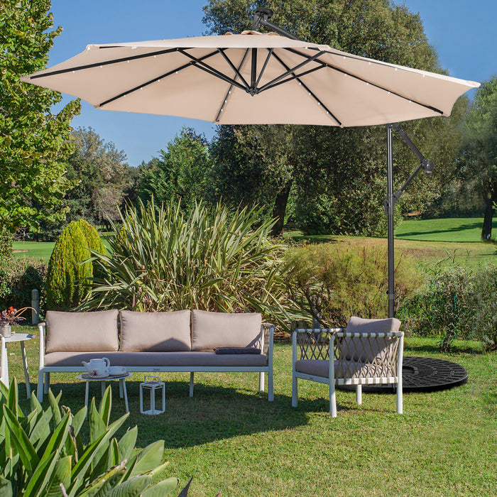 Costway Parasol cantilever 10FT solaire avec 32 LED eclairees pour terrasse, exterieur, beige