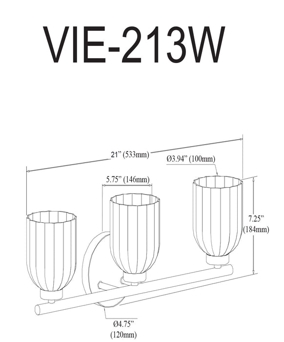 Lumière de coiffeuse Vienna de Dainolite en verre côtelé transparent, avec fini noir mat et 3 ampoules incandescentes
