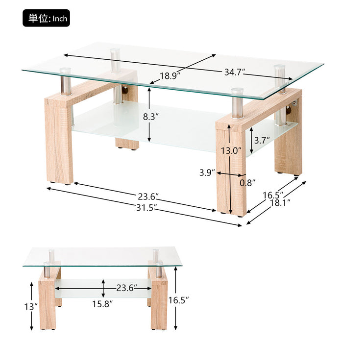 Table basse moderne Lucius au design geometrique en verre trempe avec cadre en metal et verre transparent, naturel