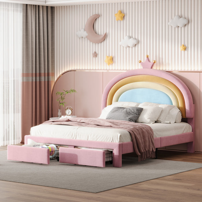 Lit Princesse Arc-en-ciel Maggie Tapisse Avec Tiroir De Rangement Et Cadre Plateforme En Velours, Taille Full, Rose