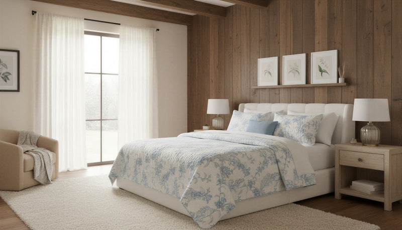 Ensemble de Courtepointe Reversible 3 Pieces pour Tres Grand Lit, Literie Florale Bleue et Blanche en Microfibre