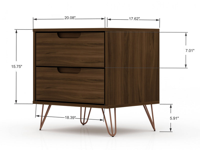 Table de nuit Rockefeller Mid-Century Modern 20\" en brun chataigne (2 tiroirs) - Lot de 2