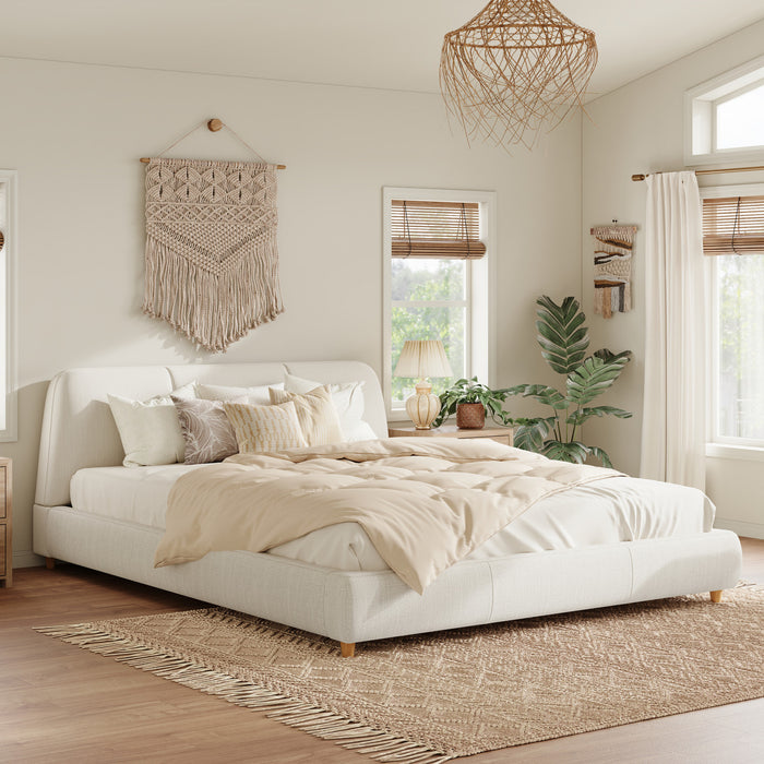 Lit Acheson Rembourre avec Tete de Lit en Lin Doux, Taille Queen - Beige