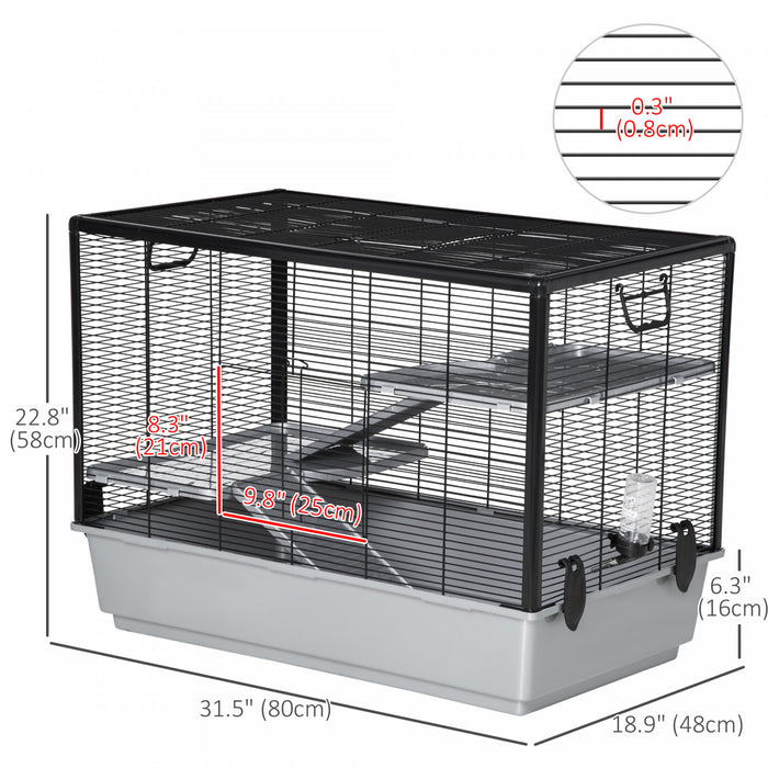Pawhut Cage Petit Animal Habitat Interieur Cage Pour Cochons D'inde Hamsters Chinchillas, Avec Accessoires Bouteille D'eau Balcon Rampe Plat De Nourriture, 31.5\"x19\"x 22.75\", Gris