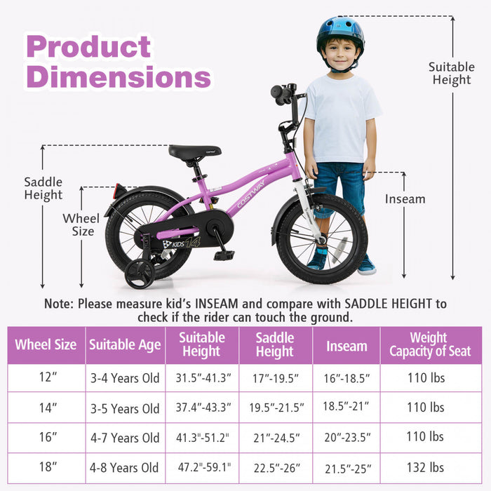 Costway 14\" Velo Pour Enfants Pour Garcons Et Filles De 3 A 5 Ans Avec Reflecteurs De Frein A Main Reglables Violet