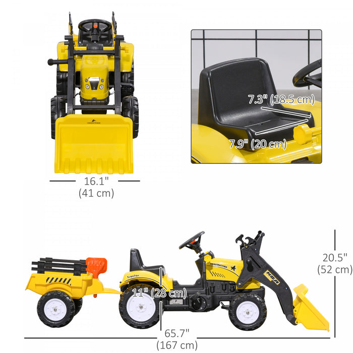 Aosom Pelle Autoportee Pour Enfants, Bulldozer A Pedales Pour Avancer/reculer Avec Un Veritable Seau A Terre Fonctionnel, 6 Roues Et Remorque Cargo