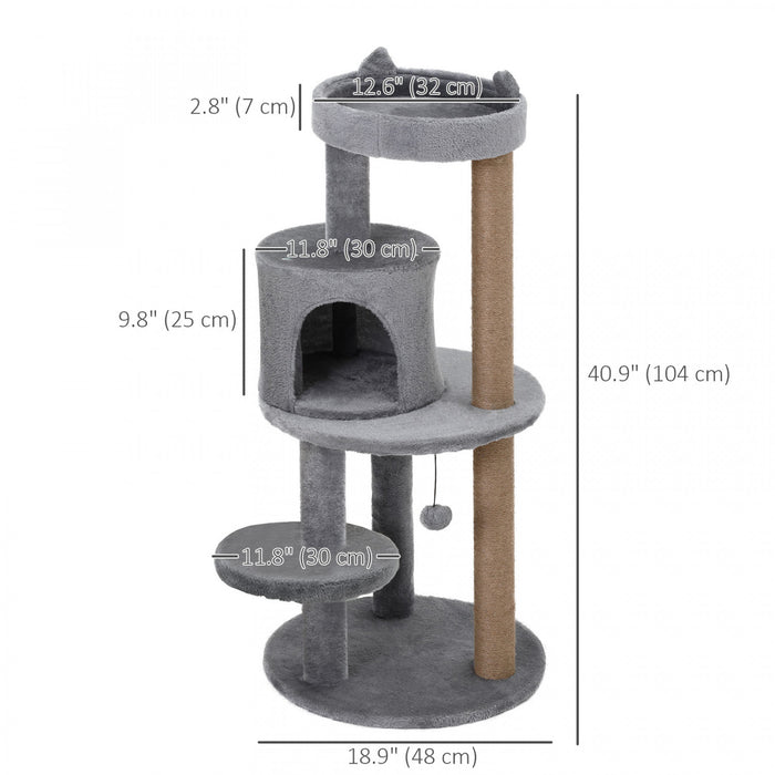 Pawhut Arbre A Chat De 104 Cm, Tour D'arbre Pour Chat, Centre D'activites Pour Chat Avec Griffoirs, Perchoir En Peluche, Boule Suspendue – Gris