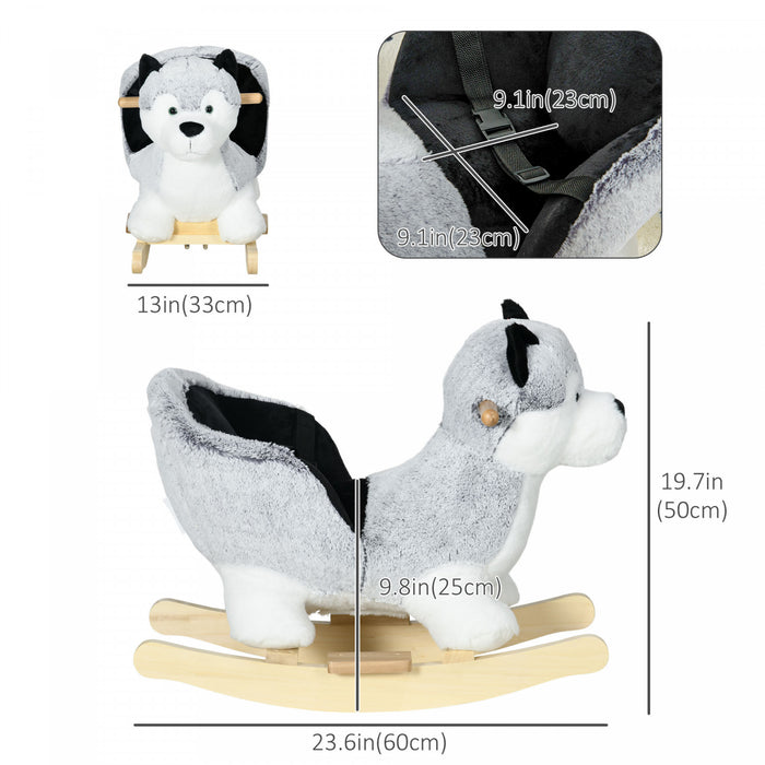 Qaba cheval A Bascule En Peluche Pour Enfants, Jouet A Bascule En Peluche En Forme De Husky Avec Des Sons Realistes, Base En Bois, Ceinture De Securite, Pour Enfants De 18 A 36 Mois, Gris