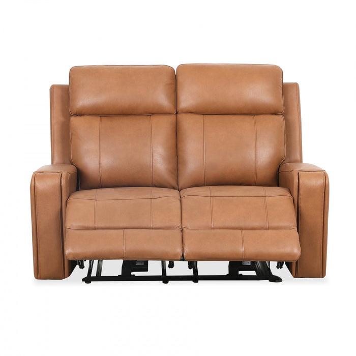 Causeuse inclinable electrique Bellamy de 58 po en cuir assorti avec appuie-tete ajustable et USB - Cognac