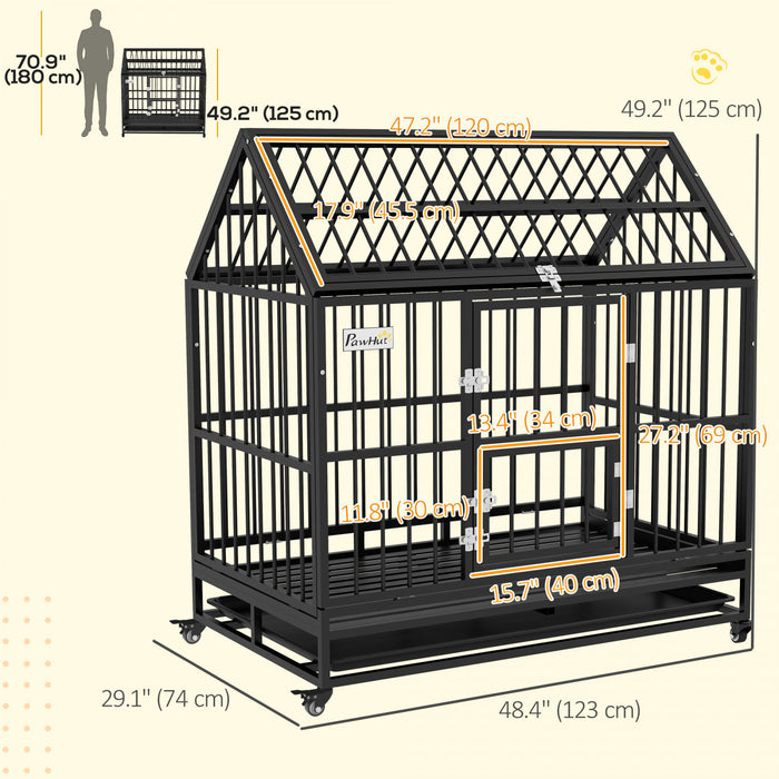 Pawhut Cage Pour Chien Robuste En Metal De 49\" Avec Plateau Amovible, Portes, Toit Ouvrant, Roues, Pour Chiens De Grande Et Tres Grande Taille, Noir