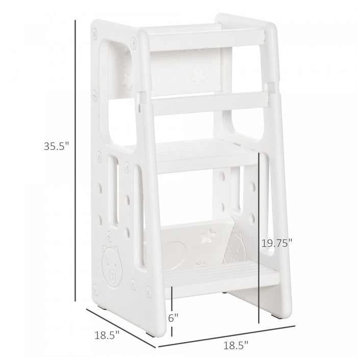 Qaba Marchepied Pour Enfants Avec Plate-forme Debout Reglable Pour Tout-petits - Tour Debout Pour Comptoir De Cuisine Pour Enfants Avec Trois Hauteurs Reglables, Blanc