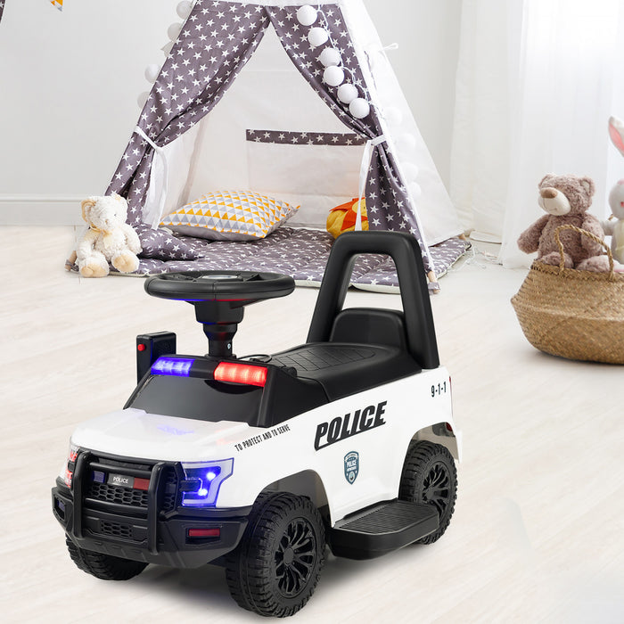 Costway 2-en-1 6v Enfants Rouler Sur La Voiture De Police Enfant Pousser Voiture W / Megaphone & Sirene Blanche