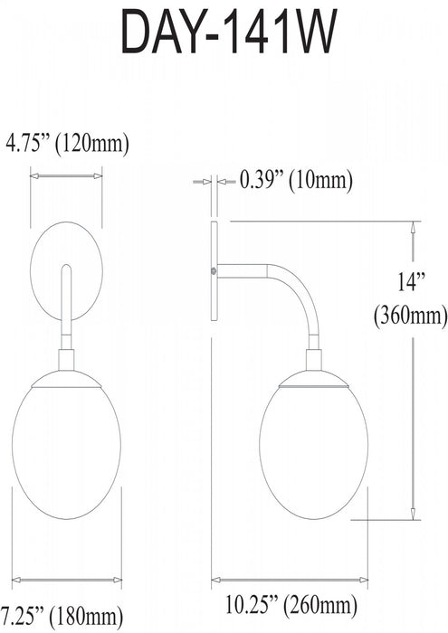 Applique murale Dayana de Dainolite à éclairage vers le bas, en verre blanc, avec fini noir mat et 1 ampoule