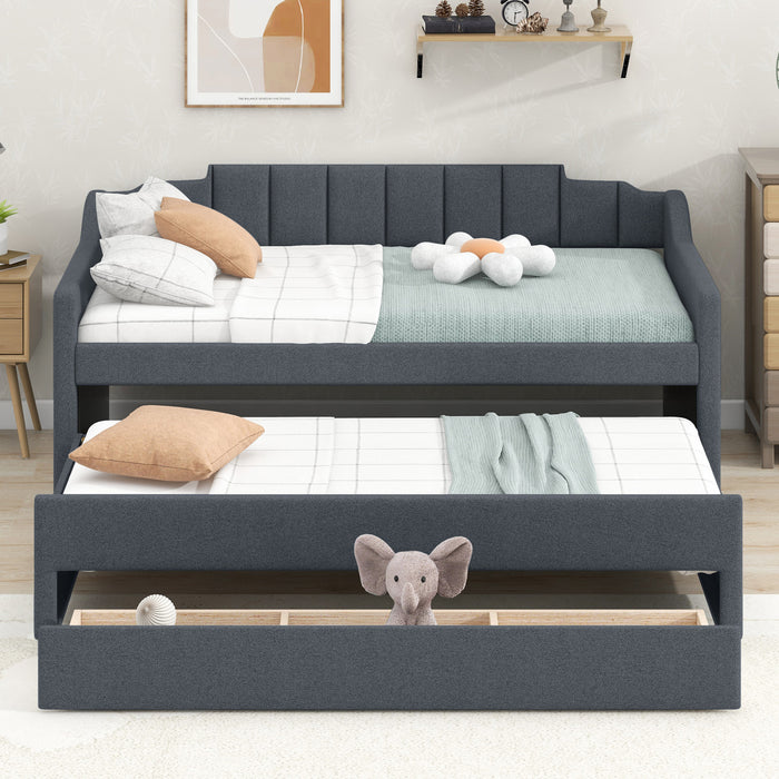 Hogan – Lit De Jour Rembourre En Tissu Aspect Lin Avec Lit Gigogne Et Tiroirs De Rangement, Format Simple, Gris